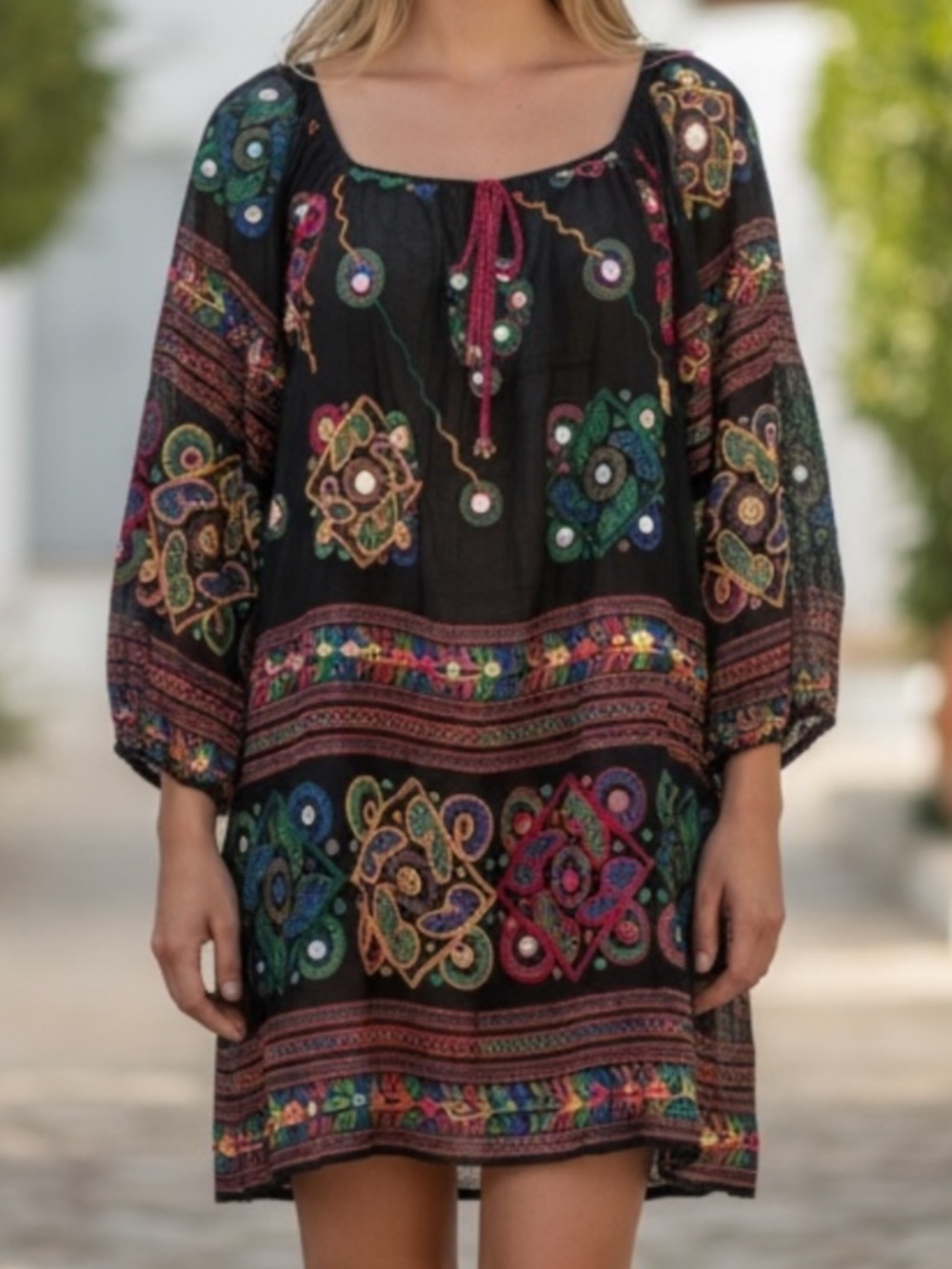 NEW Juliet Dunn London Embroidered Mini Kaftan beach resort vacay dress Blk S